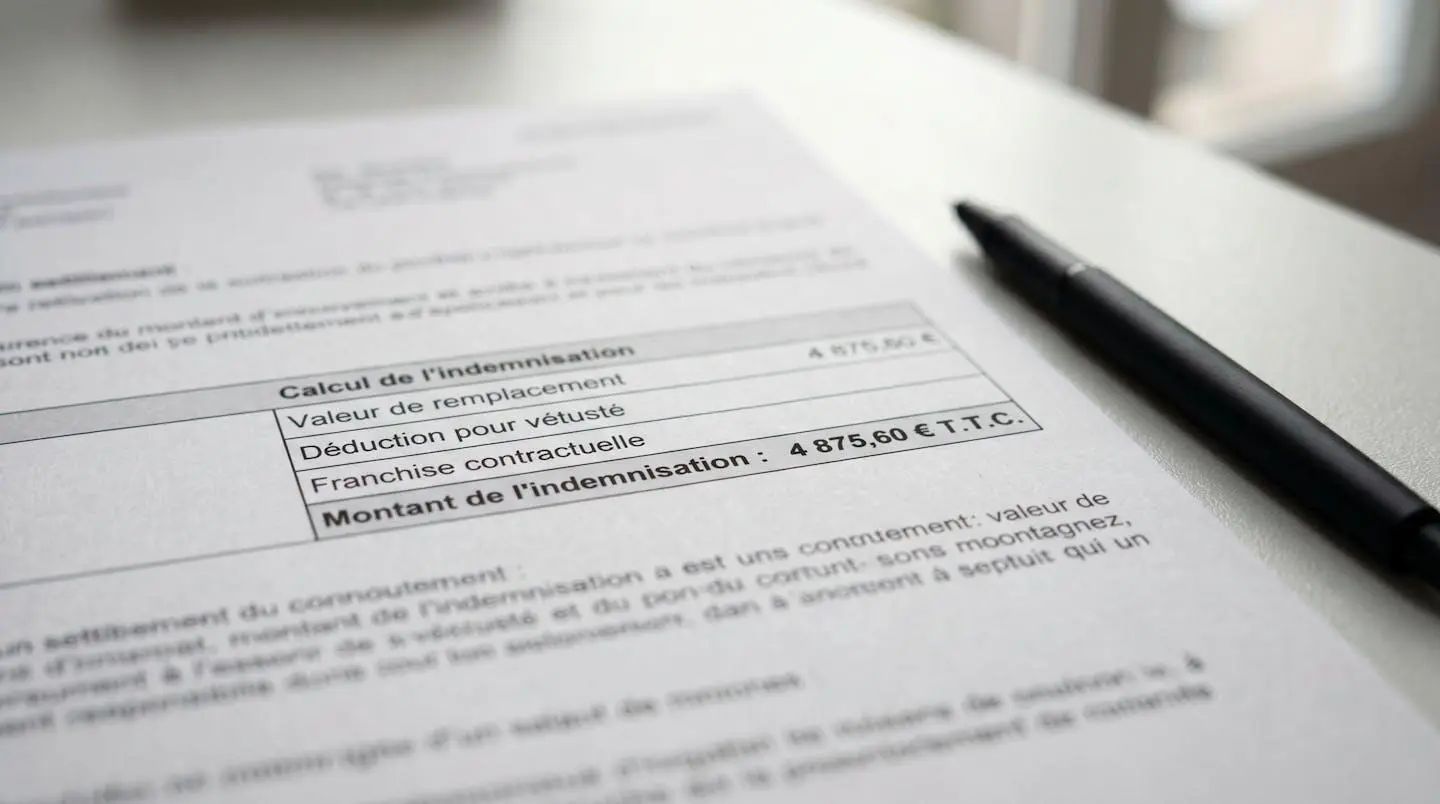 Infographie en flat design montrant la décomposition du calcul d'indemnité avec quatre blocs empilés : valeur référence 6800€, vétusté -800€, franchise -500€, indemnité nette 5500€